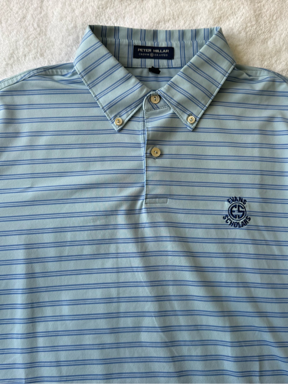 Peter Millar Light Blue Striped Polo with Embroidered Logo